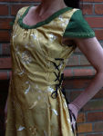 Kleid halblang Senfgelb Stickerei Taft Grün antike...