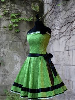 50er Jahre Rockabilly Kleid Grün Weiß Punkte Samtband schwarz Tellerrock