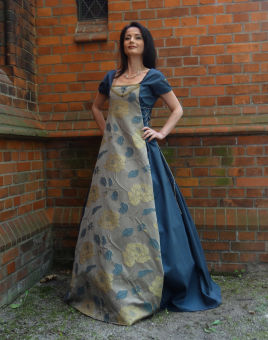 Mittelalter Kleid mit Blumenstoff Blau